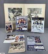 2 Mid-1970's Original Racers Hockey Photos Mounted on Cardboard and "Slap Shot" Memorabilia.  Includes a Hanson Brothers Autographed Photo, Autographed DVD Cover,  Sports Illustrated Slap Shot Autographed Magazine, "Slap Shot" The Book by Richard Woodley Autographed.