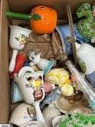 SKID With Trinkets, Candle Holders, Plate Stands, Scooby Cookie Jar, Popeye, Figural Lady Nut Cracker, Doll, Bells, Some Damage, SKID is Not Included