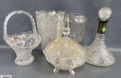 Crystal Lidded Dish, Basket, Footed Vase, Decanter, Some Wear 10"