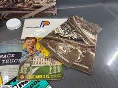 Mixed Lot of Memorabilia to Include a 1949 National Basketball Assn. Indianapolis Olympians, Inc. Butler Fieldhouse Ticket,  a Kingan's Packing Houses, Indpls., IN Boiled Ham Blotter, Motor Data Calclator, Moon Pie and 50th Anniversary of Nascar Sticker, Welcome to Truck & Bus Indpls. Manufacturing Brochures, Louis Marx & Co. American Presidents in Miniature Brochure, an Indianapolis Pacers SEALED Envelope Dated Nov. 20, '67, An Areal Photo of Indianapolis and a Metal Tin Jack Daniels with 2 Shot Glasses