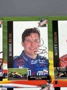 6 Uncut Sheets of Indianapolis 500 Trading Cards in a Racemaker Press Canvas Tote.  Some Cards are Autographed.  Michael Andretti, Kenny Brack, Robbie Buhl, Scott Dixon, Felipe Giaffone, Buddy Lazier, Tomas Scheckter, Eddie Chever Jr., Jeff Ward, Sam Hornish Jr.
