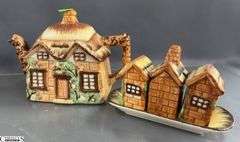 Marked Japan Cottage Tea Pot and Salt and Pepper Set, Black and White Cream and Sugar, Dish, Lusterware Style Cream and Sugar