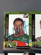 6 Uncut Sheets of Indianapolis 500 Trading Cards in a Racemaker Press Canvas Tote.  Some Cards are Autographed.  Michael Andretti, Kenny Brack, Robbie Buhl, Scott Dixon, Felipe Giaffone, Buddy Lazier, Tomas Scheckter, Eddie Chever Jr., Jeff Ward, Sam Hornish Jr.