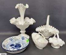Milk Glass Ruffle Baskets, Single Horn Epergne Tallest 10.5"