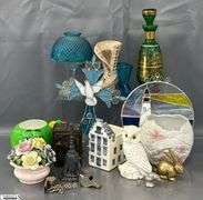 Stained Glass Religious, Lighthouse, Green Bohemian Decanter, Owl, Blue Mini Boot Vase, Trinkets