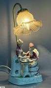 Figural Victorian Tea Time Table Lamp With Ruffle Shade, 17"