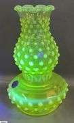 Imperial Hobnail Uranium Hurricane Lamp Vase, and Daisy and Button Vaseline Basket, Vase 7.5"