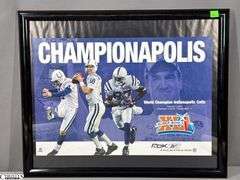 Football Memorabilia- Autographed Trading Card Don Maynard, Trading Cards for Chip Banks, Chris Hinton, Jeff Herrod, Dean Biasucci and Duane Bickett, Peyton Manning Player Card 8 of 10, Indiana Firebirds vs .Detroit Fury Game Ticket, Scout Vol. 2 Issue 1 Magazine 2009, The National Art Museum of Sport 1993 Exhibition Schedule Card, "Championapolis" Super Bowl Framed Poster (21"x17"), and Other Colts Posters