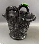6 Vintage Colored Glass Baskets, Green Hobnail, Satin, Blue, Onyx Largest 8"x9"
