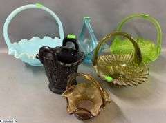 6 Vintage Colored Glass Baskets, Green Hobnail, Satin, Blue, Onyx Largest 8"x9"