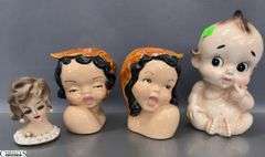 Kewpie Style Marked Japan Vase, Pair Of Unmarked Islander Girls, Small Head Vase