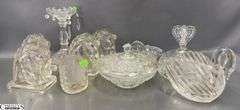 Hofbauer Crystal Dome, 4 Pressed Glass Horse Heads, Swan, Lidded Dish, Candle Holder Tallest 8.5"