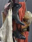 Hall Tree, Scarves, Hats, Flag, Vintage Ladies Booties, Fringe and Beaded Dresses *Need Repair and Cleaning*