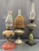 3 Oil Lamps, Painted and Metal Bases, Tallest 24"
