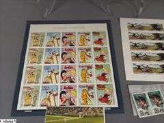 Collectible Stamps.  Includes Major League Baseball All-Stars, Negro Leagues Baseball, Indianapolis 500 Legends of Baseball, Sunday Funnies, Baseballs Legendary Playing Field, Knute Rockne 22 Cent Stamp, Lou Gehrig Cent Stamp and a Few Others