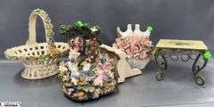 Capodimonte Floral and Birds, Plant Stand, Shelf, Ceramic Basket, Some Chips