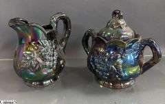 Marked Japan Cottage Tea Pot and Salt and Pepper Set, Black and White Cream and Sugar, Dish, Lusterware Style Cream and Sugar