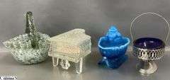 West Moreland Blue Santa On Sleigh, Lidded Piano St Claire Glass Works, Hand Made Glass Basket, Cobalt Dish