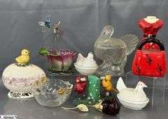 Hens On Nests, Candy Dish, Lidded Turkey, Ceramic Purse and Dress, Telephone Birds 8" Tallest