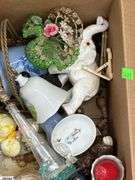 SKID With Trinkets, Candle Holders, Plate Stands, Scooby Cookie Jar, Popeye, Figural Lady Nut Cracker, Doll, Bells, Some Damage, SKID is Not Included