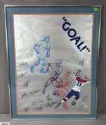"GOAL" Framed Racers & Checkers Hockey Poster with Autographs.  Autographs include Pat Stapleton