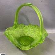 6 Vintage Colored Glass Baskets, Green Hobnail, Satin, Blue, Onyx Largest 8"x9"