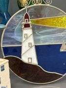 Stained Glass Religious, Lighthouse, Green Bohemian Decanter, Owl, Blue Mini Boot Vase, Trinkets