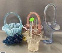 Glass Art Baskets, Imperial Twist Bridal, Opalescent Blue Swirl Tallest 10", Composite Grapes