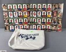 6 Uncut Sheets of Indianapolis 500 Trading Cards in a Racemaker Press Canvas Tote.  Some Cards are Autographed.  Michael Andretti, Kenny Brack, Robbie Buhl, Scott Dixon, Felipe Giaffone, Buddy Lazier, Tomas Scheckter, Eddie Chever Jr., Jeff Ward, Sam Hornish Jr.