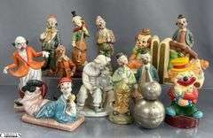 Clown Collectibles, Roly Poly Clown Bank, Lefton Bookends, Marked Taiwan Figurines, And Composite Bank, Tallest 8"