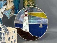 Stained Glass Religious, Lighthouse, Green Bohemian Decanter, Owl, Blue Mini Boot Vase, Trinkets