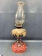 3 Oil Lamps, Painted and Metal Bases, Tallest 24"
