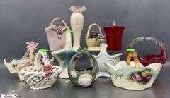 Art Glass Baskets, Ceramic Baskets, Lenox Bud Vase, Bavaria and Others, Tallest 6"