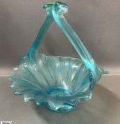 6 Vintage Colored Glass Baskets, Green Hobnail, Satin, Blue, Onyx Largest 8"x9"