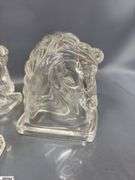 Hofbauer Crystal Dome, 4 Pressed Glass Horse Heads, Swan, Lidded Dish, Candle Holder Tallest 8.5"