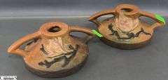 Pair of Roseville Magnolia Candleholders 6" Wide 2.25" Tall
