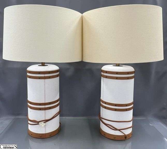 Pair of Linen and Cognac Trim Table Lamps 31" image