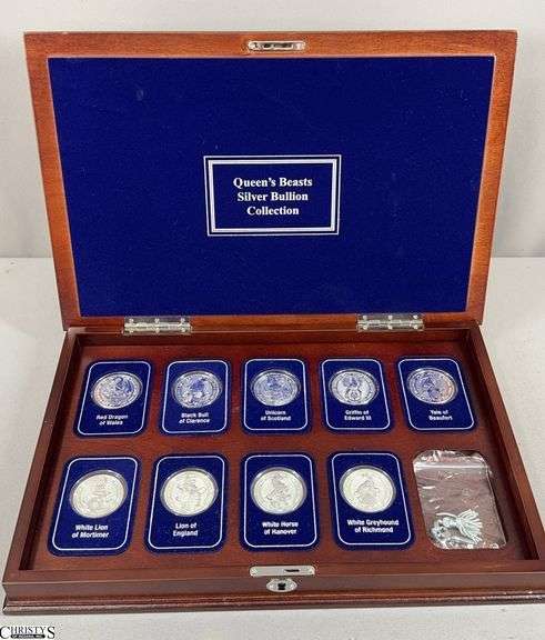 Queen's Beasts Silver Bullion 9 Piece Set in Wooden Display Box.  Each piece is 2 oz. Fine Silver 999.9.  15 1/2" X 10" X 2" image