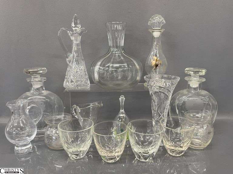 Etched Decanters, Vases, Creamers, Oil Bottle and Stopper, Tallest 9" image