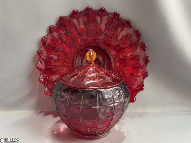 2pcs Ruby Glass Lidded Bowl, Tray 12" Round UV Reactive image