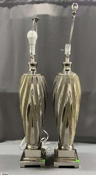 Pair Silver Tone Zebra Motif Tablelamps - 37" to top of finial - appears to have some toning/sun fading image