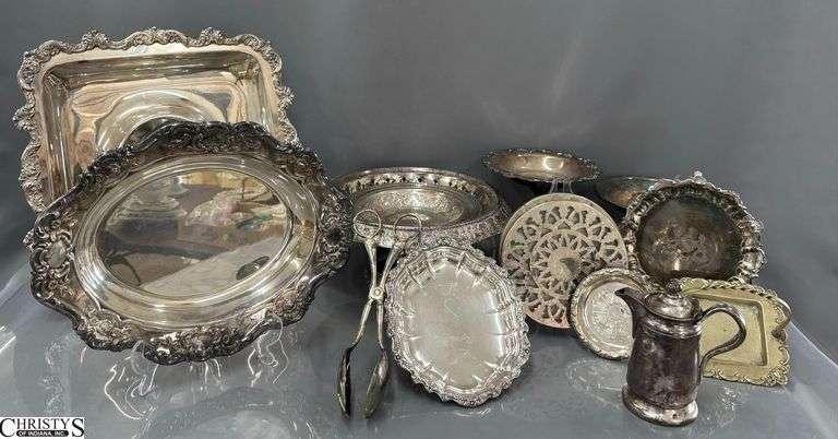 Silver Plated Square Serving Tray, Compotes, Bowls, Trivet, Small Pitcher, Tongs, Largest 14x14" image