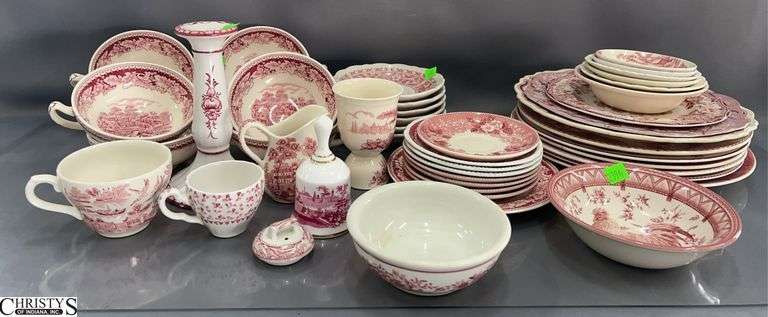 Red and White Ironstone Dishes Cups and Saucers image