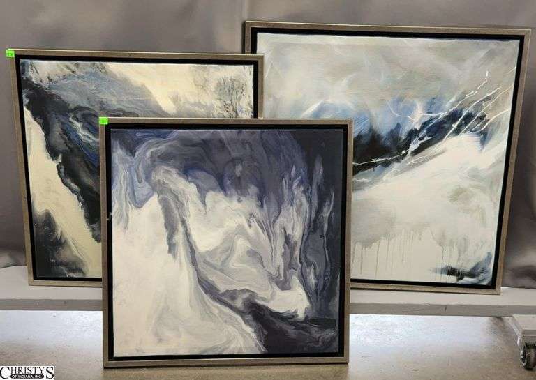 3 Blue Tone Marbled Abstract Canvas Decorator Prints - 29" x 29" of largest image