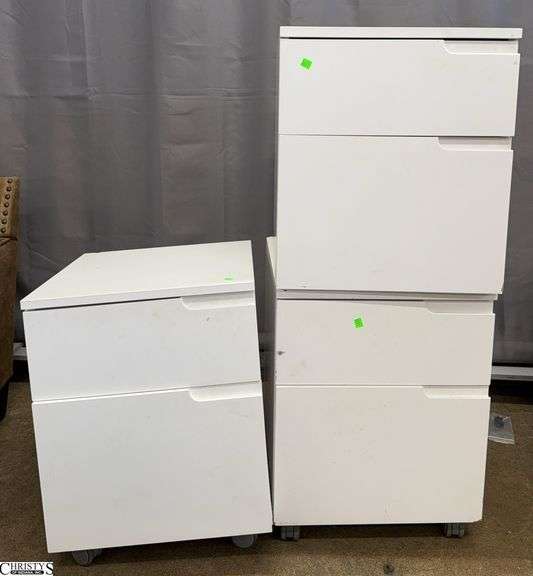 3 White 2 Drawer File Cabinets, Has Some Scuffing and Wheel Needs Repaired 19x21x24" image