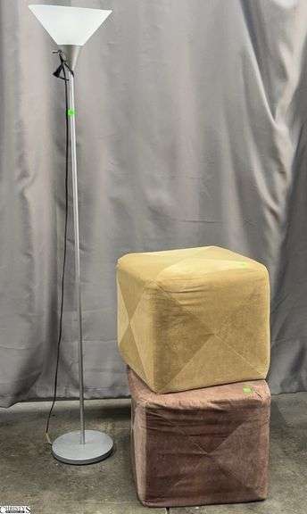 2 Upholstered Footstools and Floor Lamp - 68" T of lamp image