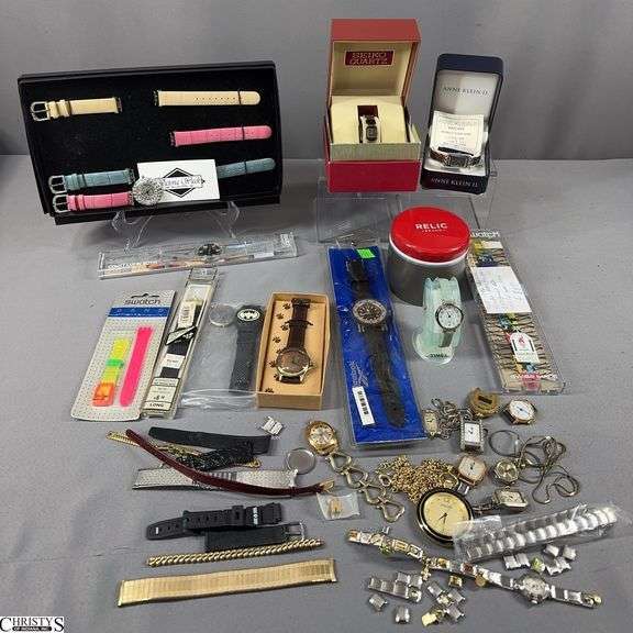 2 Watch Necklaces (Gruen & Chico's), 9 Watches in Boxes/Packages and Watch Parts and Pieces.  Includes a Victoria Wieck Beverly Hills Watch with Extra Bands, Anne Klein II, Seiko, Relic in Tin, Gund, Swatch Scuba 200. Swatch Constantin Boym, Reebok Sport  and Carriage Quartz image