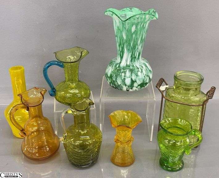 8 Small Art Glass Pitchers, and Vase Tallest 6" image