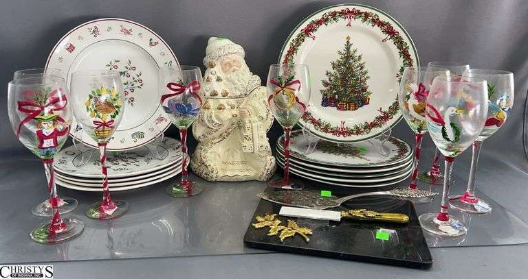 12 Days of Christmas Dishes and Hand Painted Stems, Cookie Jar, Mineral Cheese Plate and Knife image