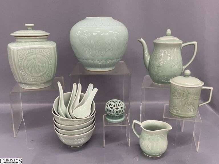 16pcs Celadon Dishes, Canister, Teapot, Spoons, Bowls, Cream and Sugar image